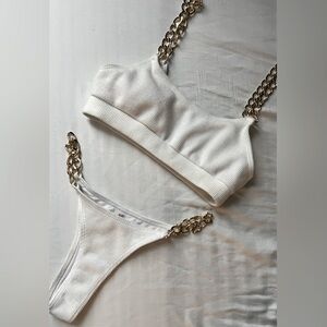 White bikini with gold chain straps